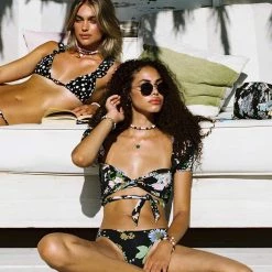 Maaji Black Bouquete Antonia Puff Sleeve Bikini Top Swim