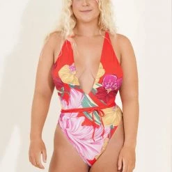 Maaji Red Camellia Orchid Plunge One Piece