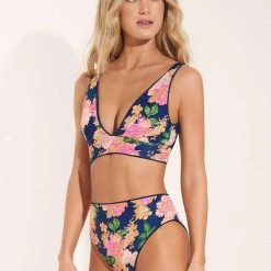 Maaji Indigo Blue Paradisus Long Line Triangle Bikini Top Swim