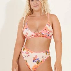 Maaji Coral Peony Shine Long Line Triangle Bikini Top Swim